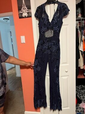Navy Floral Sequin Jumpsuit with Sheer Insets